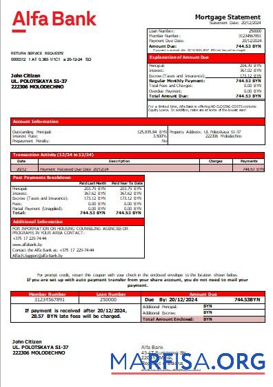 Blank Belarus Alfa bank mortgage statement scr real example